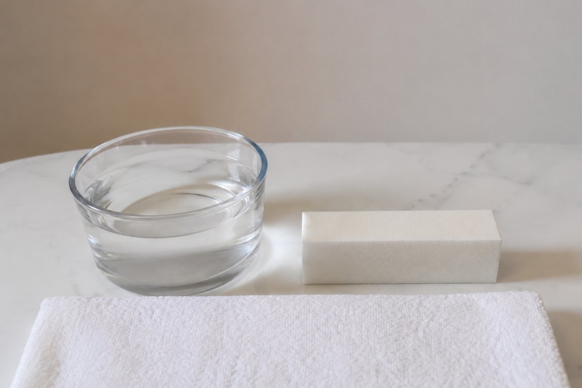 Meja manicure pucat dengan buffer tanpa jenama dan mangkuk air jernih
