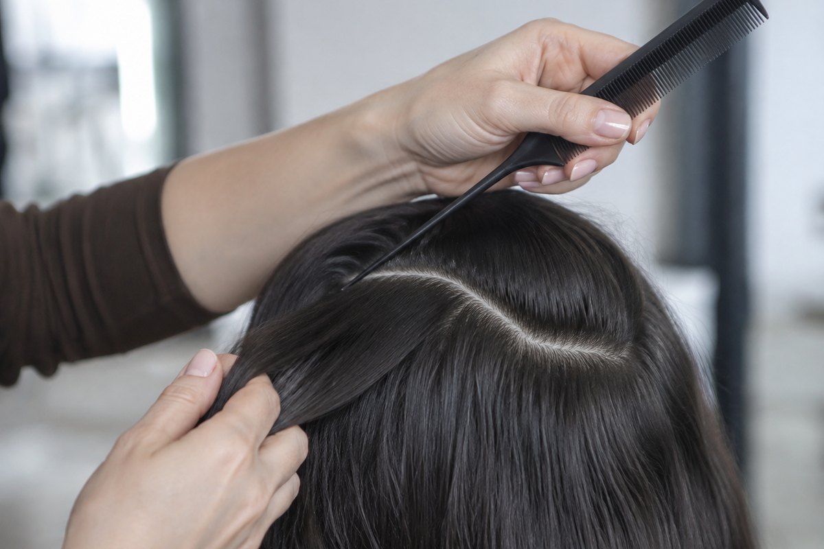 Tangan membahagi rambut gelap dengan sikat ekor tanpa jenama, cahaya siang